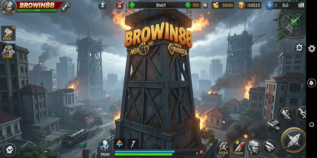 Screenshot BROWIN88 menampilkan aksi strategi Tower Defense yang intens.