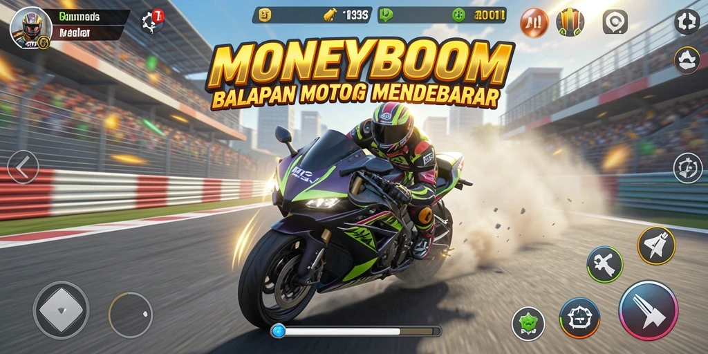 Tampilan gameplay menegangkan saat balapan motor di MONEYBOOM.