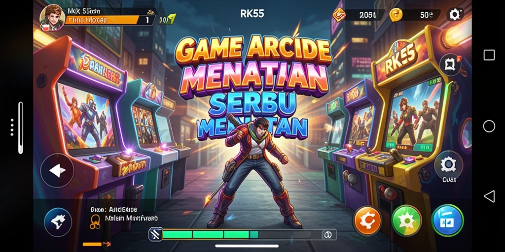 Screenshot utama RK55 menampilkan momen seru dalam permainan Arcade.