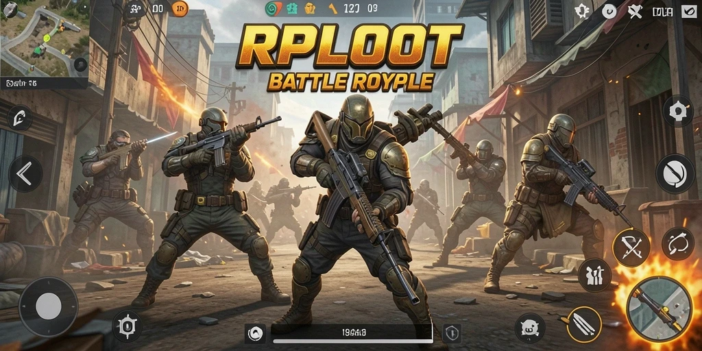 Screenshot gameplay RPLOOT menampilkan aksi Battle Royale yang mendebarkan.