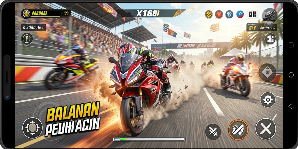 Tampilan gameplay balapan motor yang mendebarkan di X168.